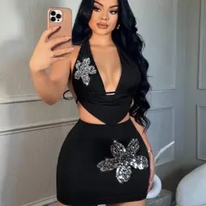 Sequined Knitted Draped Neck Top & Skirt, For Date Night Birthday Casual Sexy Fall Winter