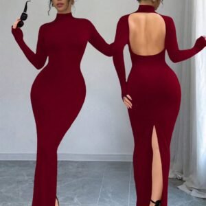 SHEIN INAWLY Stand Collar Backless Maxi Dress - Back Slit - Dark Red