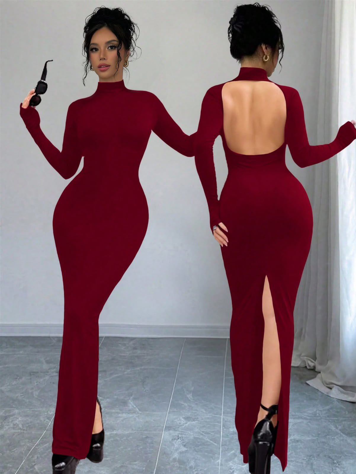 SHEIN INAWLY Stand Collar Backless Maxi Dress - Back Slit - Dark Red