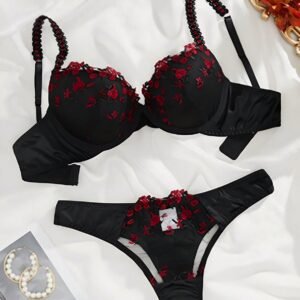 SHEIN 2-Piece Rose Embroidery Plunge Bra & Thong Set - Black Satin