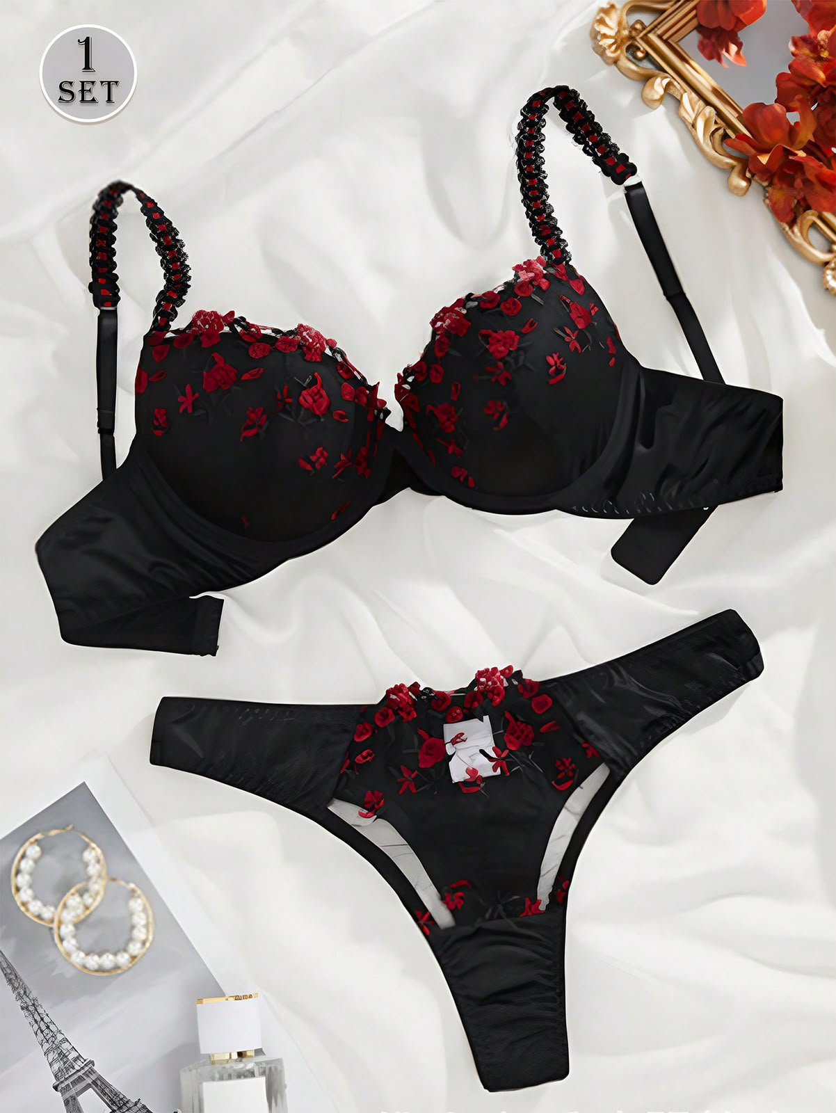 SHEIN 2-Piece Rose Embroidery Plunge Bra & Thong Set - Black Satin