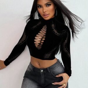 SHEIN VaVaBold Fashionable Sexy Solid Color Hollow Stand Collar Fitted Cropped Top in Black