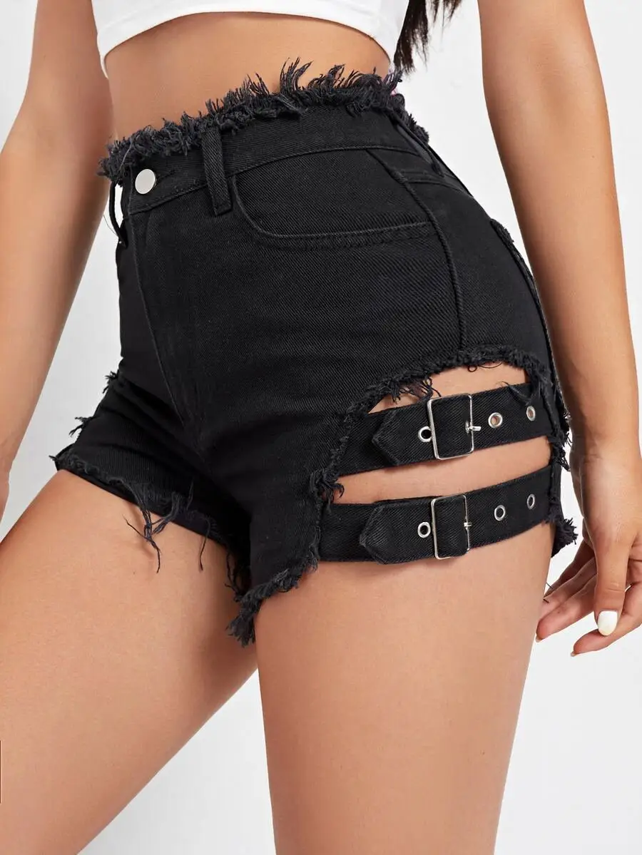 SHEIN ICON Raw Hem Strap Detail Denim Shorts - Image 5