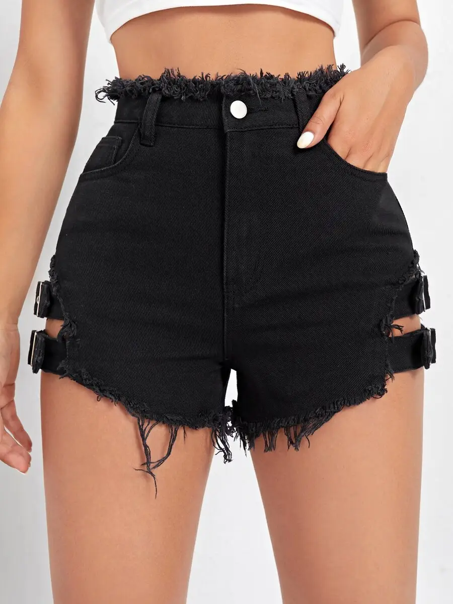SHEIN ICON Raw Hem Strap Detail Denim Shorts - Image 2