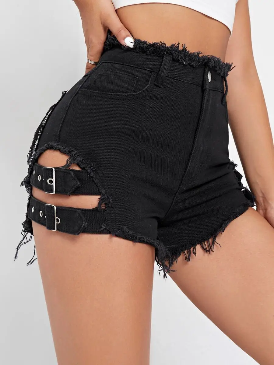 SHEIN ICON Raw Hem Strap Detail Denim Shorts - Image 3