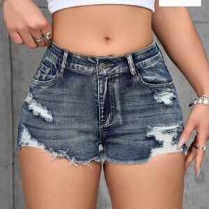 SHEIN PETITE Women's Summer Casual Fashion Street Chic Low Waist Distressed Frayed Hem Denim Short