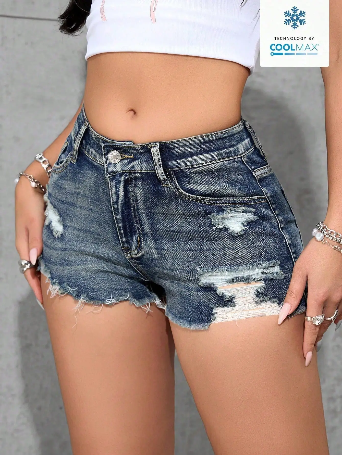 SHEIN PETITE Women's Summer Casual Fashion Street Chic Low Waist Distressed Frayed Hem Denim Short - Image 3
