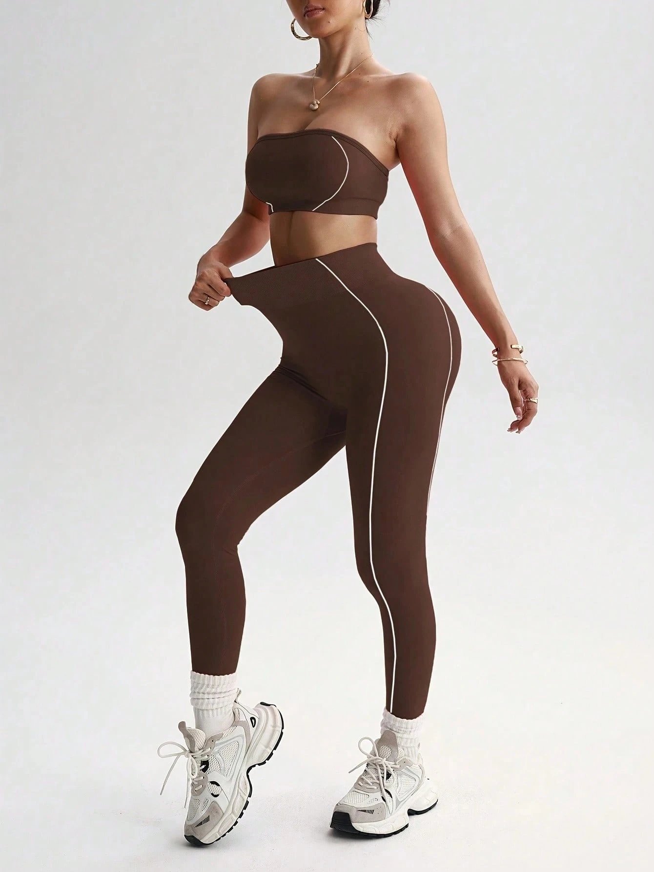 SHEIN Ms. Slayoga Seamless Workout Set, Featuring Striped Pattern Design Including Cropped Top And Leggings Sports - Image 2