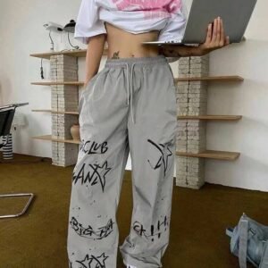 Grey Wide-Leg Drawstring Trousers - Black Graffiti Star Print