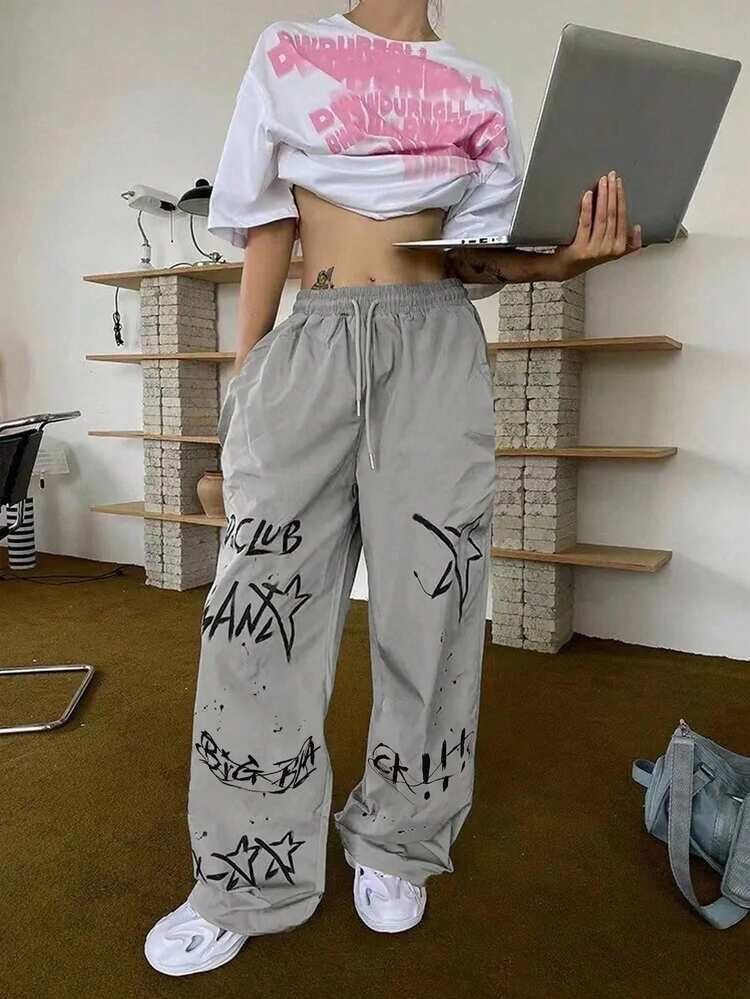 Grey Wide-Leg Drawstring Trousers - Black Graffiti Star Print